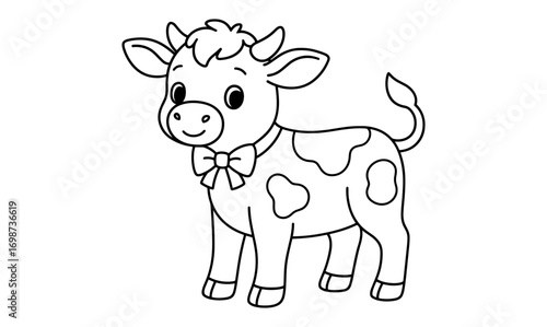 Cute cartoon cow with bow coloring page for kids activities