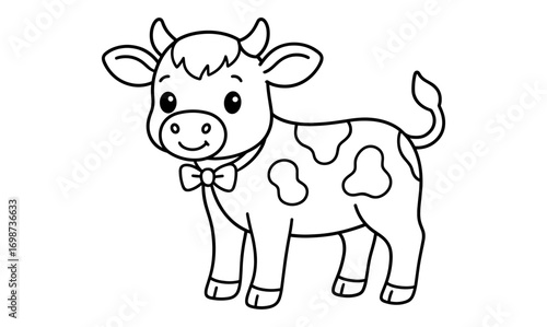 Cute cartoon cow outline with bow tie for children's coloring book pages