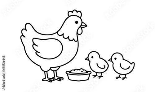 Cute outline drawing of a hen with chicks eating feed