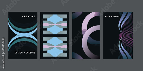 Abstract modern graphic design concepts with creative and community themes on dark backgrounds