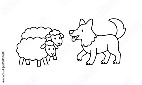 Cute line art of friendly dog and sheep pair in minimalist cartoon style
