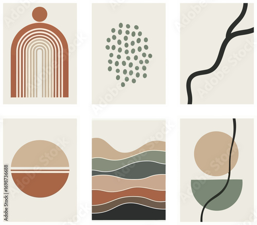 Abstract mid century modern art collection geometric organic shapes earth tones home decor vector