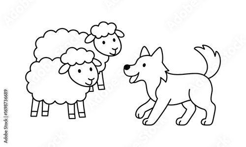 Playful dog interacting with sheep in simple cartoon style
