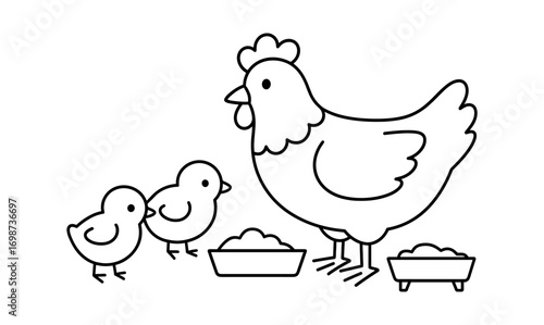 Outline hen and chicks with feeding bowls in a farm setting