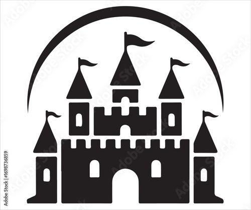 "Silhouette of fairytale castle with crescent moon in fantasy vector art"