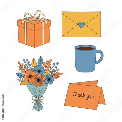 Celebration icons gift box envelope flowers coffee mug and thank you card collection vector