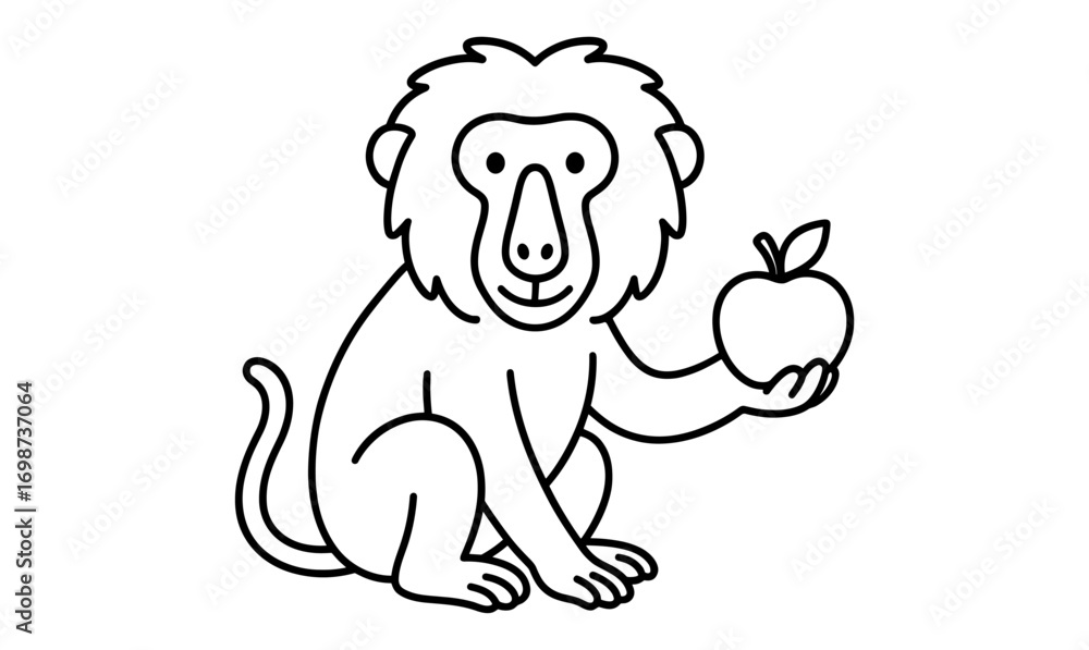 Fototapeta premium Cute linear baboon holding an apple for kids coloring activity