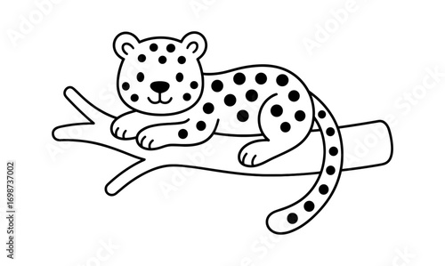 Cute leopard cub line art on branch - simple black and white animal design