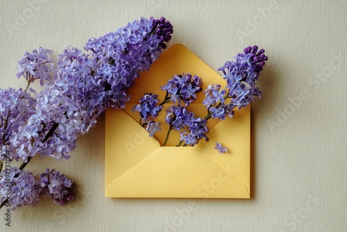 Bright Yellow Envelope Surrounded by Lilac Flowers on Pastel Background.
