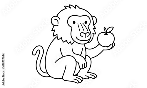Cartoon monkey holding an apple in simple black and white line art