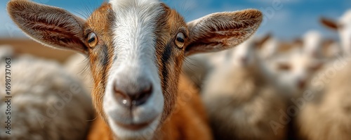 Close Encounter With a Goat Among a Flock in a Sunny Pasture During a Clear Day.