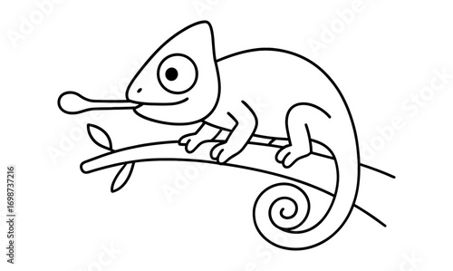 Cute chameleon outline on branch for coloring books