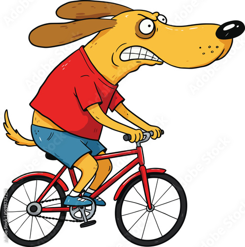 Cartoon dog riding a bicycle with a determined expression, isolated on white background