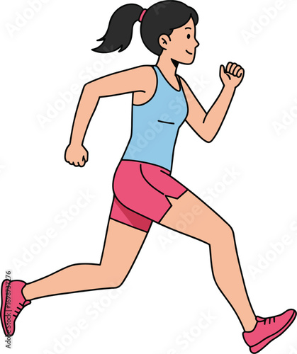 Active young woman running outdoors, fitness exercise, jogging, healthy lifestyle, sportswear, workout, cardio training, female athlete, cartoon illustration