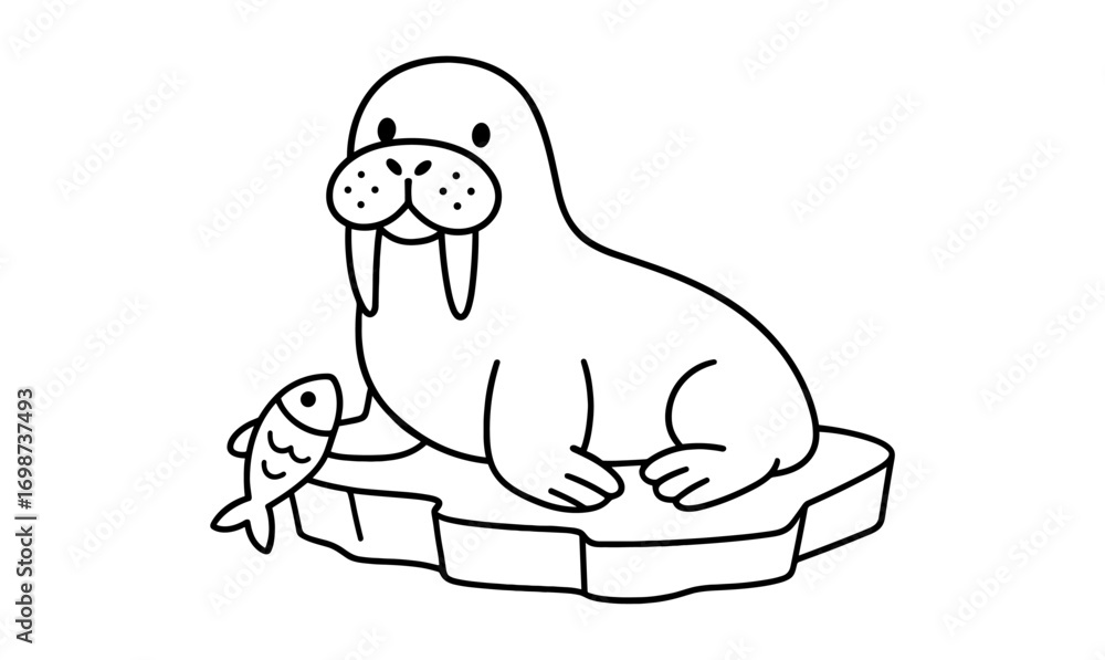 Obraz premium Cute cartoon walrus with fish on iceberg in simple line art illustration