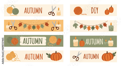 Autumn themed decorative banners featuring pumpkins leaves and craft elements vector