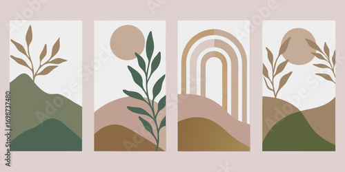 Set of four abstract minimalist boho wall art prints with organic shapes and botanical elements