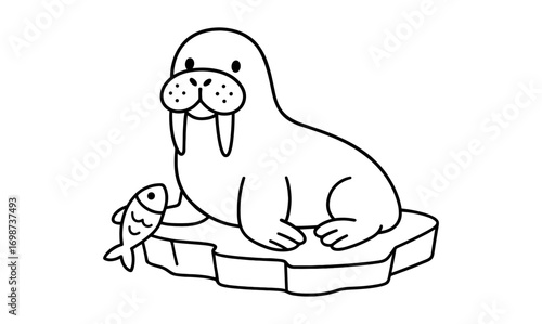 Cute cartoon walrus with fish on iceberg in simple line art illustration