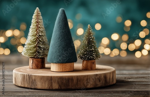 Decorative Christmas Trees on Wooden Platform With Warm Bokeh Background Duri...