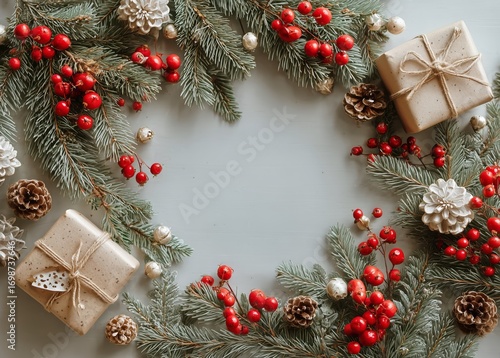 Beautiful Holiday Wreath With Gift Boxes and Festive Decorations on a Light B...