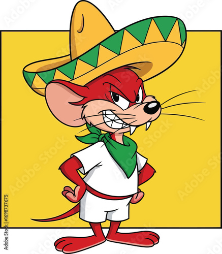 Cartoon mouse wearing a sombrero and green bandana isolated on white background