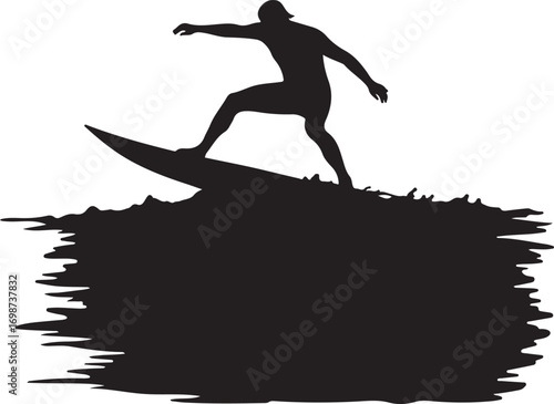 Silhouette of a Surfer Riding a Wave on a White Background Keywords: surfer, surfing, wave, ocean, sea, water, sport, extreme sport, silhouette, black and white, isolated, graphic, vector, action