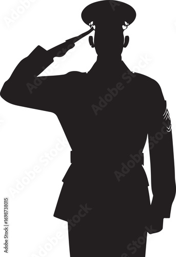 Silhouette of a Soldier Saluting on White Background Keywords: soldier, military, salute, uniform, service, honor, respect, veteran, army, marine, navy, air force, uniform, hat, badge, rank