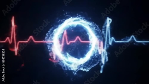 Futuristic Energy Ring Transition Animation, Neon ECG Waves Transform into Glowing Circle, Cinematic Digital Ring Pulse Transition Effect, High-Tech Swirling Light Ring Animation, Blue and Red Pulse