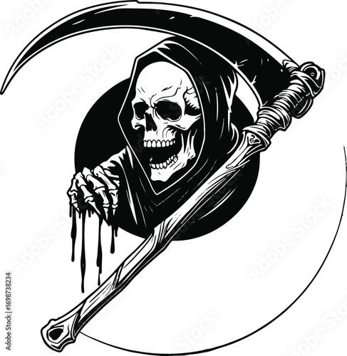 Grim reaper holding scythe, skull face, circular composition, thick bold black outlines, clear line art 1