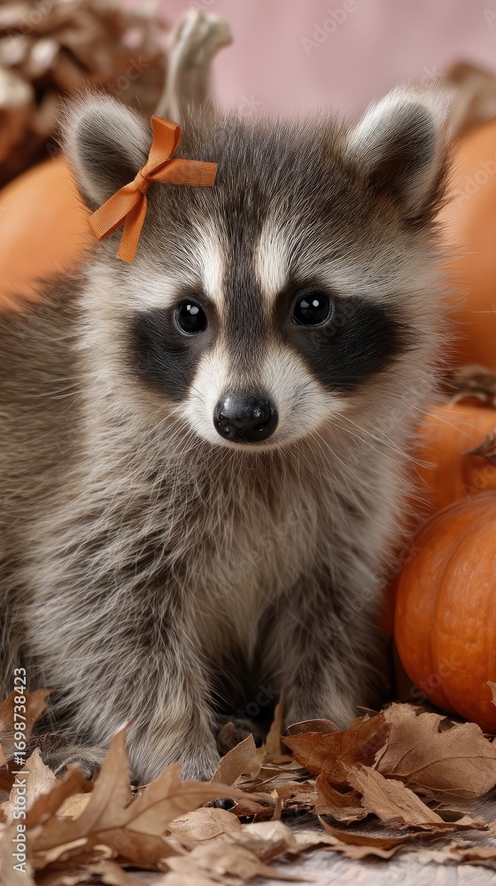 Obraz premium A charming raccoon rests comfortably amidst vibrant pumpkins and fallen leaves, capturing the essence of autumn festivities