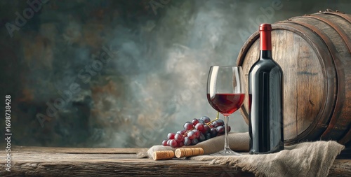 Elegant Red Wine Glass and Bottle Next to Wooden Barrel With Grapes on Rustic...