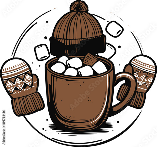 Hot chocolate mug with marshmallows, mittens and woolen cap forming circular composition, bold thick outlines, clean vector style 3
