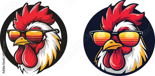 Cool rooster wearing sunglasses, cartoon style, isolated on white background