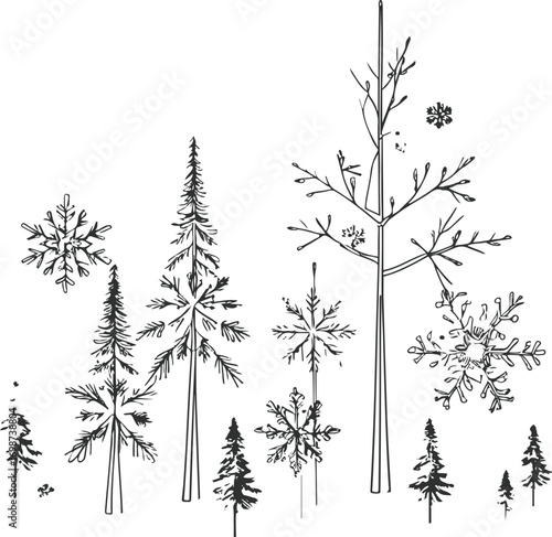 Minimal winter line art of snowflakes and pine trees, clean black lines on white background, t-shirt design