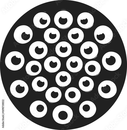 Multiple scary eyes staring from darkness, arranged in perfect circle, thick black outline, minimal horror line art