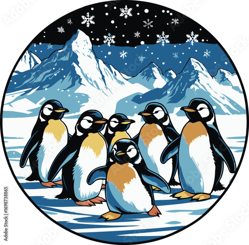 penguins playing on ice, mountains in background, snow falling, all inside a perfect circle, thick bold outlines, vector art style 1