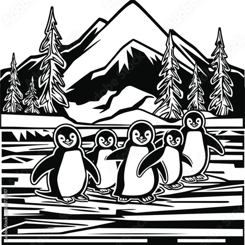 Penguins sliding on ice with snowy mountains and pine trees in background, single cohesive design, bold thick outlines, vector style, t-shirt front artwork 2
