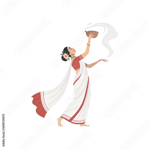 Durga Puja dhunuchi dance illustration of traditional Bengali man performing ritual with dhunuchi, vector art isolated on white background