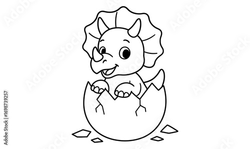 Cute triceratops hatching from egg outline for kids coloring