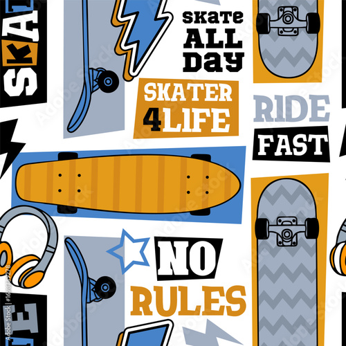 Grunge illustration with skateboard and words on white background  for boys. Fashion urban style. Free Style slogan print. Cool typography art design vector