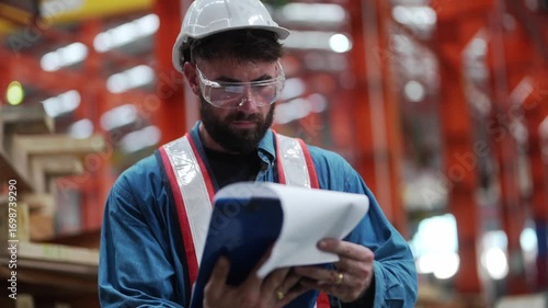 Industrial Inspector at Work: A focused industrial inspector wearing a hard hat and safety glasses examines documents within a large factory setting.