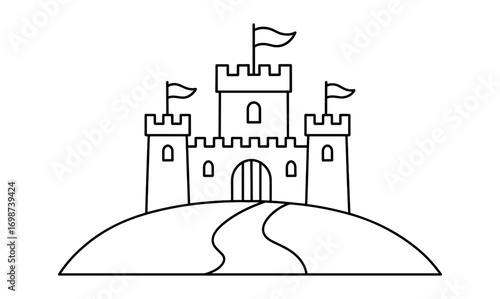 Medieval fortress outline on hill with path and flags