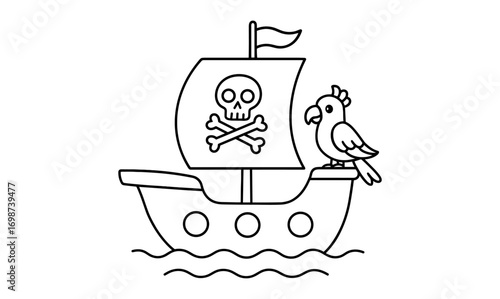 Pirate ship with skull flag and parrot in simple line art style