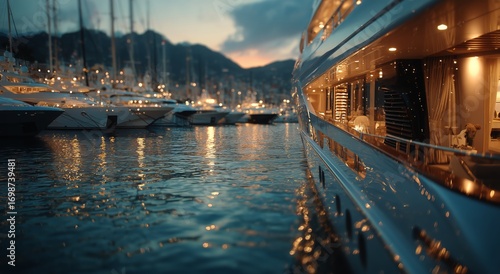 Luxury Yachts Docked in the Harbor at Twilight With Reflections on the Water