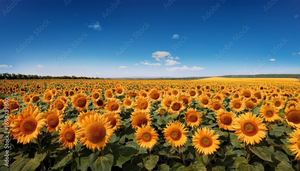 Obraz premium radiant sunflowers stretching towards the horizon under a clear blue sky