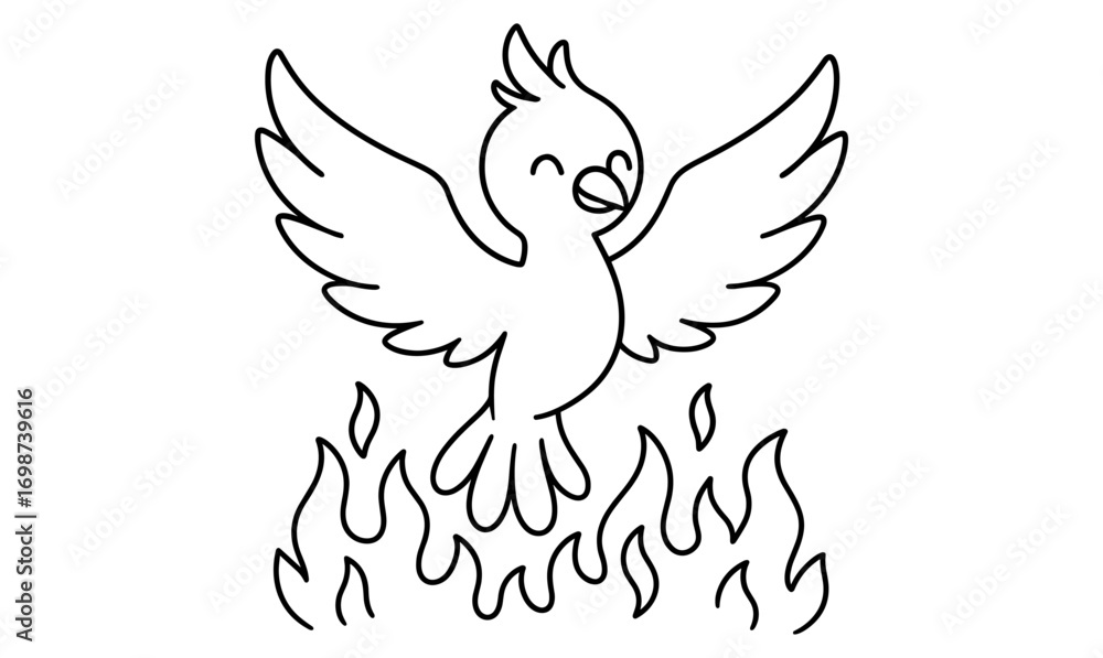 Fototapeta premium Cute bird flying above flames: simple black and white line art