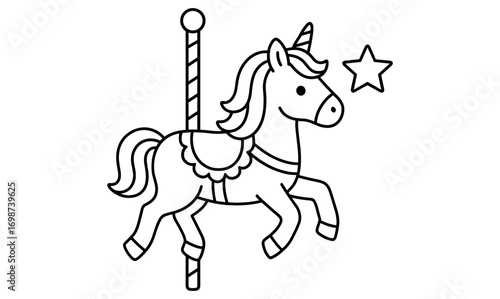 Carousel unicorn outline with star for kids' coloring book