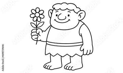 Smiling cartoon troll holding flower line art