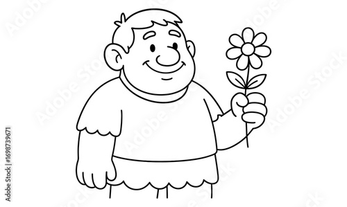 Cheerful cartoon character holding a daisy for coloring activities