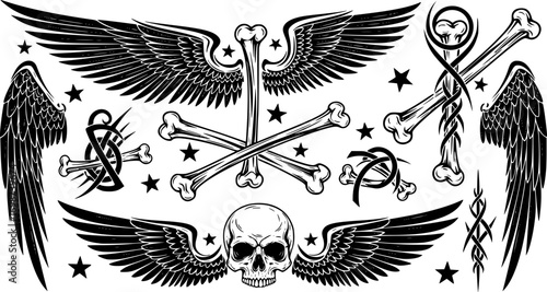 Neo Tribal Gothic Tattoo Set – Retro Futuristic Cyber Symmetry Shapes, Dark Y2K Wings and Bones, Metal Music Cover Print, Alien Surreal Skull and Stars Grunge Clipart, Transparent PNG Vector